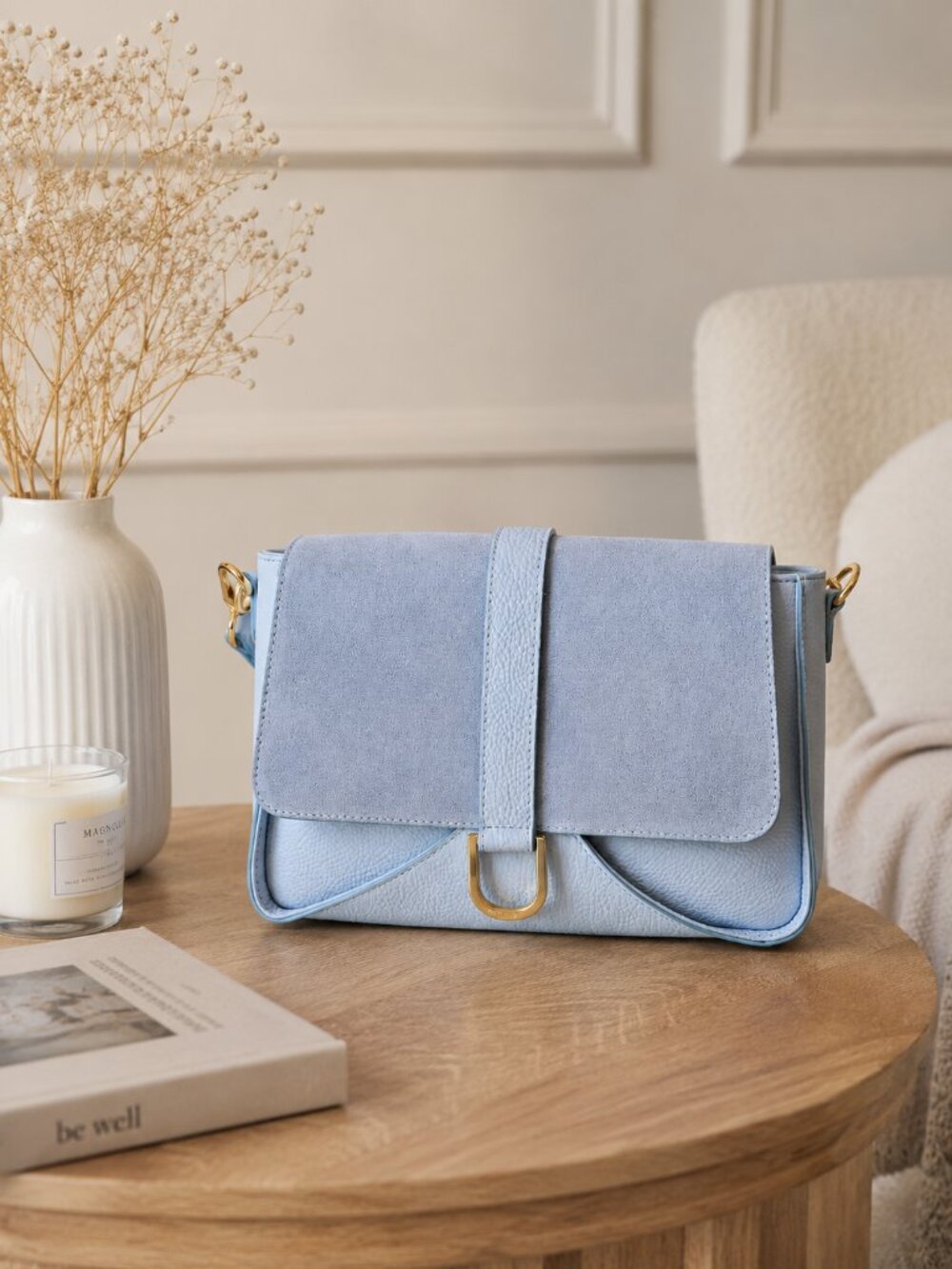 Italian Leather Suede Pebbled Crossbody Shoulder Bag, Powder Blue Two Tone